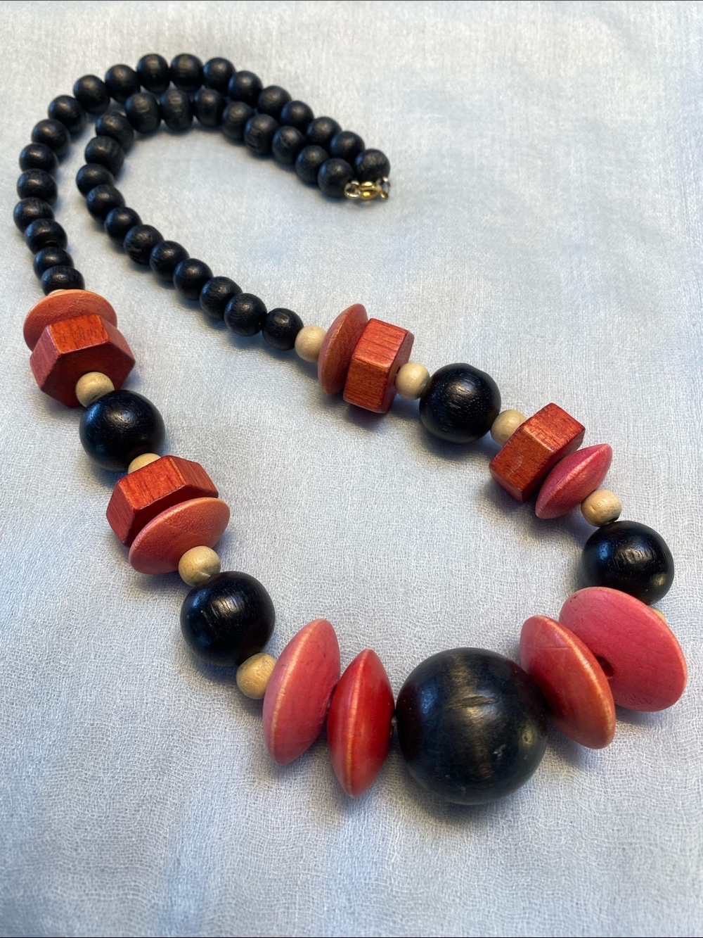 Handcrafted Black and Coral Wooden Bead Necklace
